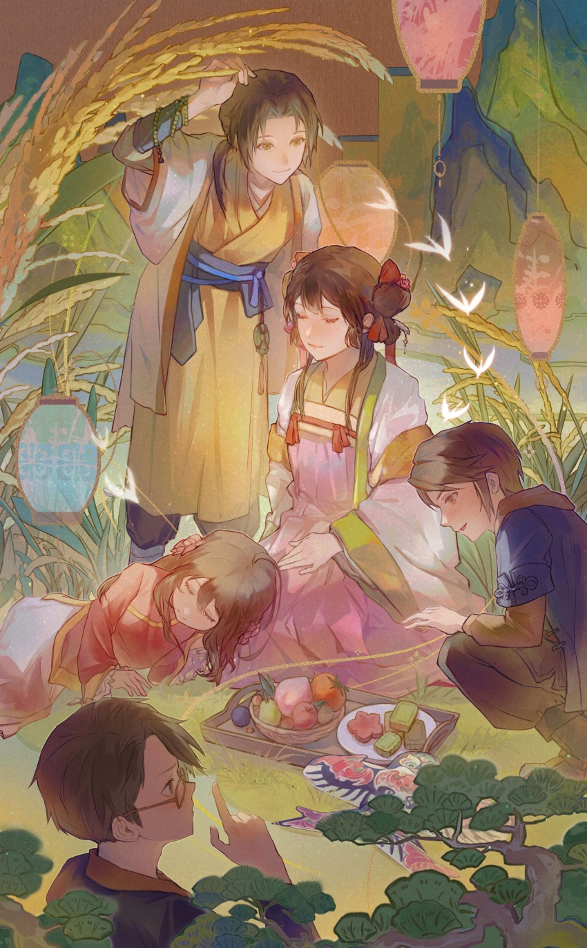 2girls 3boys absurdres axis_powers_hetalia branch brown_eyes brown_hair china_(hetalia) chinese_clothes closed_eyes flower food genderswap genderswap_(mtf) glasses hair_flower hair_ornament hanfu highres hong_kong_(hetalia) lantern lap_pillow long_hair long_sleeves lying macau_(hetalia) multiple_boys multiple_girls on_grass on_side outdoors paper_lantern pink_hanfu plate ponytail qixiong_ruqun red_hanfu sash shiragon shirt short_hair sitting smile squatting standing taiwan_(hetalia) tray updo wide_sleeves yellow_hanfu