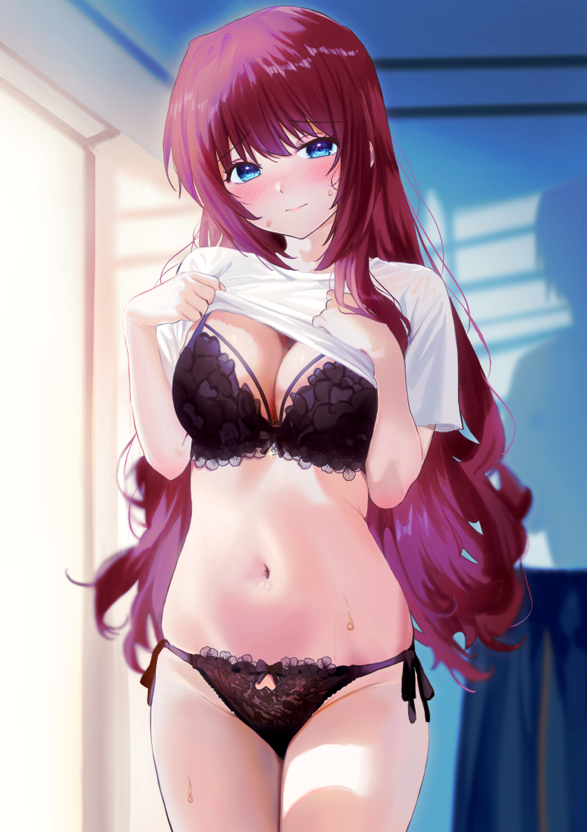 1girl a-chan_(little_busters!) absurdres black_bra black_panties blue_eyes blush bra breasts check_commentary cleavage closed_mouth clothes_lift commentary_request cowboy_shot curvy embarrassed eyelashes groin hair_between_eyes hands_up heart heart_print highres indoors large_breasts lifting_own_clothes lingerie little_busters! long_hair looking_at_viewer miiizuno_lbs navel nose_blush panties raised_eyebrows red_hair shirt shirt_lift short_sleeves sidelighting sidelocks skindentation solo stomach sweat thighs underwear undressing very_long_hair wavy_hair white_shirt
