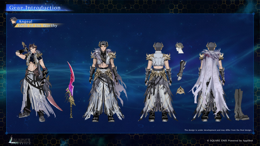 1boy abs absurdres angeal_hewley angeal_hewley_(garb_of_the_worthy) armor armored_boots armored_gloves black_hair blue_background boots concept_art cropped_vest final_fantasy final_fantasy_vii final_fantasy_vii_ever_crisis fingerless_gloves full_body gloves highres holding holding_weapon lifestream male_focus midriff official_alternate_costume official_art parted_bangs short_hair shoulder_armor solo sword torn_clothes vest weapon