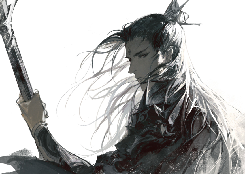 1boy 21_shiji_qujing_lu arm_guards armor closed_mouth extra_eyes eyelashes floating_hair hair_ornament hair_stick half_updo hand_up highres holding holding_weapon long_hair looking_at_viewer male_focus monochrome pauldrons portrait shoulder_armor solo weapon xiandao1213 xiao_guan_(headdress) yang_jian_(journey_to_the_west)