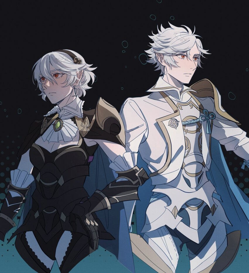 1boy 1girl armor armored_leotard ascot black_armor black_background black_hairband blue_cape brooch cape closed_mouth commentary_request corrin_(female)_(fire_emblem) corrin_(female)_(nohr_noble)_(fire_emblem) corrin_(fire_emblem) corrin_(male)_(fire_emblem) corrin_(male)_(hoshido_noble)_(fire_emblem) fire_emblem fire_emblem_fates fire_emblem_heroes grey_hair hair_between_eyes hairband hand_on_own_hip highres jewelry leotard nintendo official_alternate_costume official_alternate_hairstyle pauldrons pointy_ears red_eyes seirorath serious short_hair shoulder_armor simple_background white_armor white_ascot