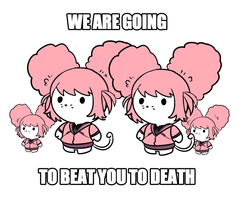 afro_puffs asticassia_school_uniform black_eyes chuatury_panlunch clothed_pokemon english_text gundam gundam_suisei_no_majo highres hood hoodie image_macro_(meme) impact_(font) maushold maushold_(family_of_four) meme mouse_(animal) mouse_tail nintendo open_clothes pink_hair pink_hoodie pokemon pokemon_(creature) school_uniform simple_background sudhiro_sappurisa tail white_background