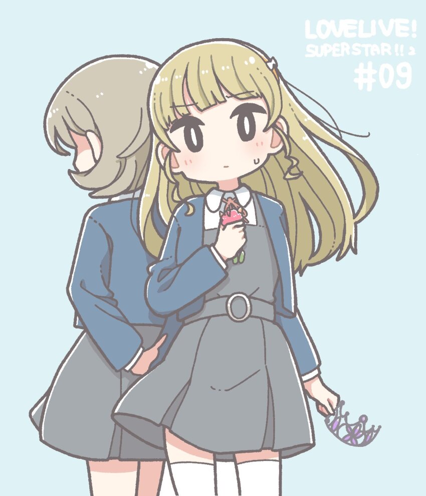 2girls black_eyes blonde_hair blunt_bangs blush brown_hair closed_mouth copyright_name east_sha2 heanna_sumire highres long_hair long_sleeves looking_at_viewer love_live! love_live!_superstar!! multiple_girls school_uniform short_hair sweatdrop tang_keke thighhighs white_thighhighs