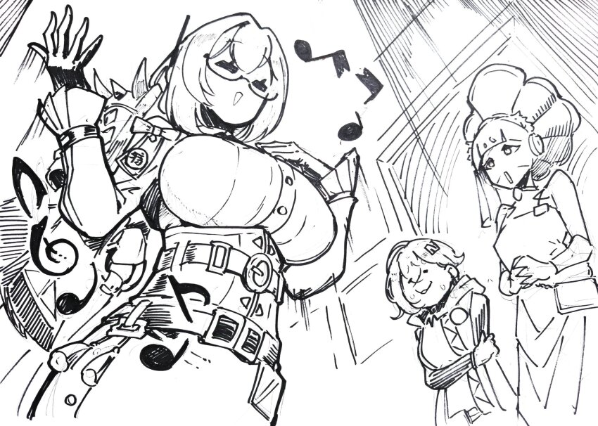 3girls armor belle_(zenless_zone_zero) breasts closed_eyes dress_shirt gloves greyscale hair_between_eyes hair_ornament hairclip high-waist_skirt highres large_breasts monochrome multiple_girls music open_mouth outdoors pencil_skirt rikizo shirt short_hair shoulder_armor sidelocks singing sketch skirt smile standing sweatdrop tsukishiro_yanagi zenless_zone_zero