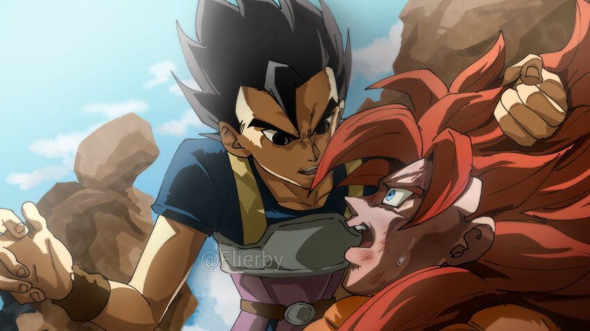 2boys after_battle angry belt black_eyes black_hair blue_eyes blue_shirt blue_sky cabba clenched_hand cloud collarbone commentary dragon_ball dragon_ball_gt dragon_ball_super english_commentary flierby from_side gogeta highres holding_another&#039;s_hair in-franchise_crossover long_hair looking_at_another looking_up male_focus metamoran_vest multiple_boys nose open_mouth outdoors red_hair saiyan_armor scratches shaded_face shirt short_sleeves sky spiked_hair super_saiyan super_saiyan_4 sweatdrop teeth tongue upper_teeth_only v-shaped_eyebrows