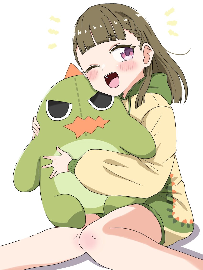 1girl ;d absurdres blush braid brown_hair center-flap_bangs commentary dinosaur_print feet_out_of_frame gonzales_(love_live!) green_hoodie hashtag-only_commentary highres hood hoodie hugging_doll hugging_object kachimachi_kosuzu kachimachi_kosuzu_(summer_loungewear) kanzaki_gou link!_like!_love_live! long_hair love_live! notice_lines official_alternate_costume one_eye_closed open_mouth pink_eyes print_hoodie side_ahoge side_braids sideways_glance simple_background smile solo straight_hair stuffed_animal stuffed_dinosaur stuffed_toy teeth upper_teeth_only virtual_youtuber white_background yellow_hoodie