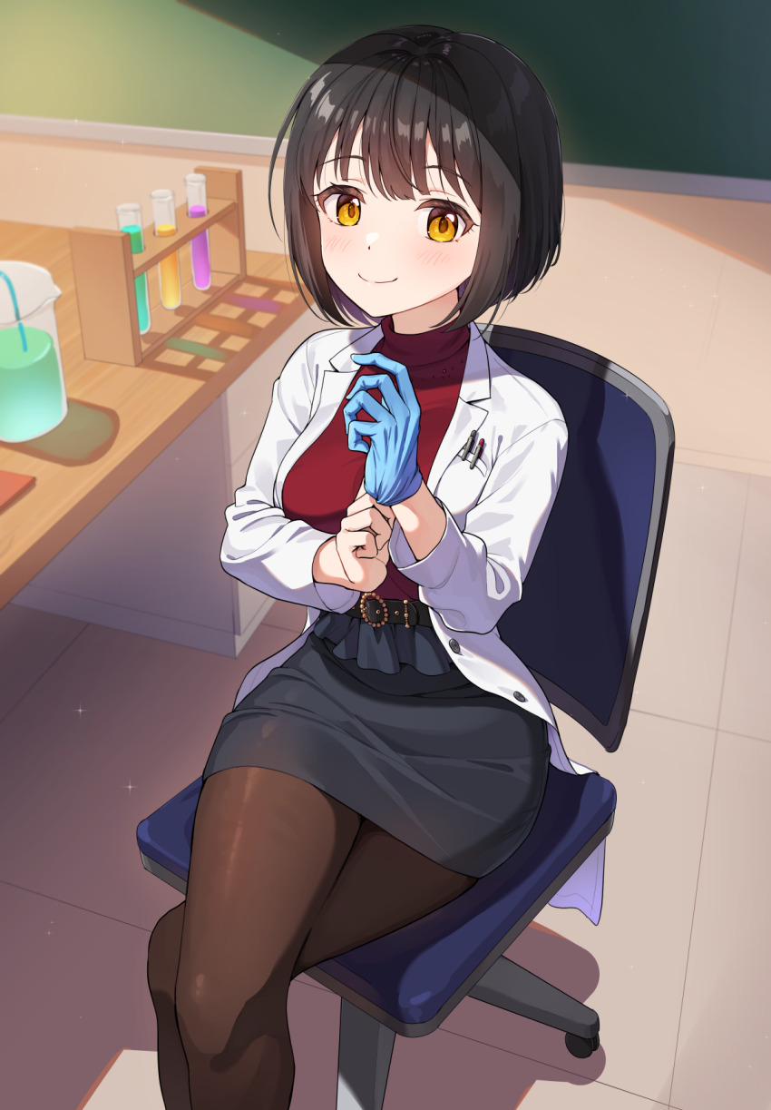 1girl beaker belt black_hair black_pantyhose black_skirt blue_gloves blush breasts chair chalkboard chemicals coat commission crossed_legs glove_pull gloves highres idolmaster idolmaster_cinderella_girls kamille_(vcx68) latex latex_gloves light_particles light_rays looking_at_viewer object_in_pocket on_chair pantyhose pen_in_pocket pencil_skirt pixiv_commission pocket red_sweater rubber_gloves short_hair single_glove sitting skirt smile solo sweater table takafuji_kako test_tube white_coat yellow_eyes
