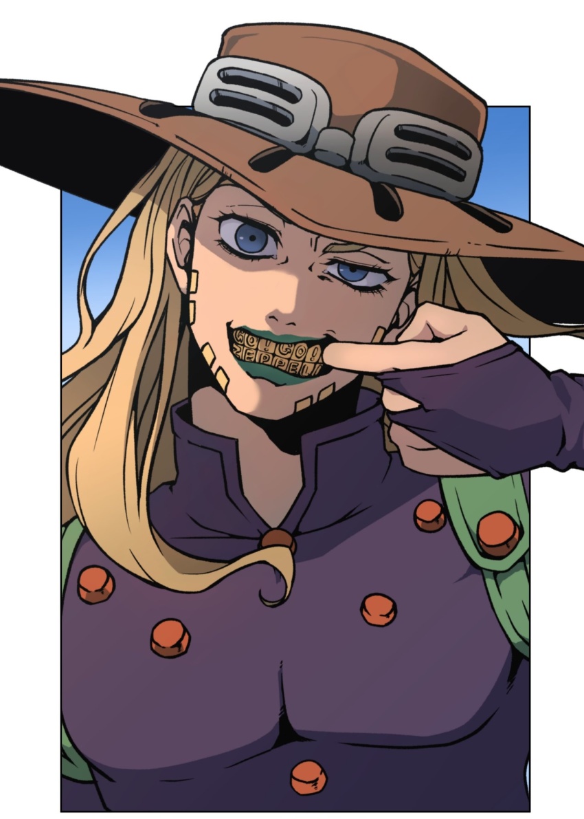 1boy beard blonde_hair blue_eyes bridal_gauntlets brown_hat facial_hair finger_in_own_mouth goggles goggles_on_headwear gold_teeth green_lips grills gyro_zeppeli hat high_collar highres jojo_no_kimyou_na_bouken kabutom_ue_shi long_hair looking_at_viewer male_focus mouth_pull purple_bridal_gauntlets solo steel_ball_run