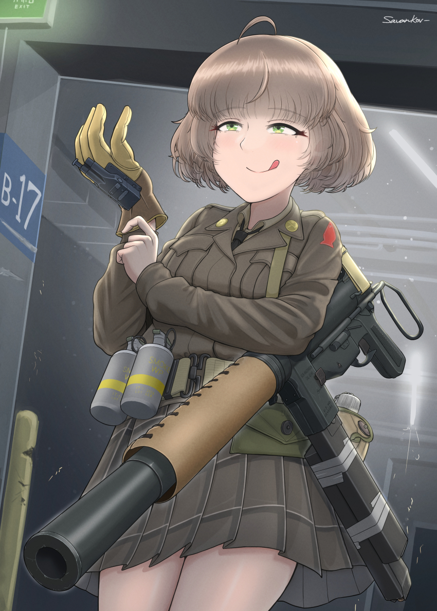 1girl absurdres artist_name black_necktie brown_hair brown_jacket brown_shirt gloves green_eyes grey_skirt gun highres jacket jungle_style m3_submachine_gun necktie original plaid_clothes plaid_skirt savankov shirt skirt smoke_grenade solo submachine_gun tongue tongue_out weapon yellow_gloves