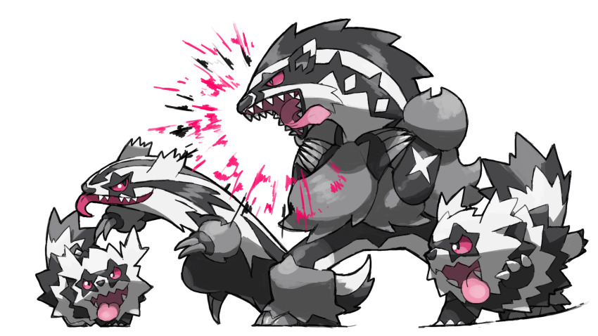 animal_focus blacknirrow crossed_arms evolutionary_line fangs galarian_form galarian_linoone galarian_zigzagoon gen_8_pokemon highres long_tongue nintendo no_humans obstagoon pokemon pokemon_(creature) pokemon_focus red_eyes sharp_teeth simple_background teeth tongue tongue_out white_background