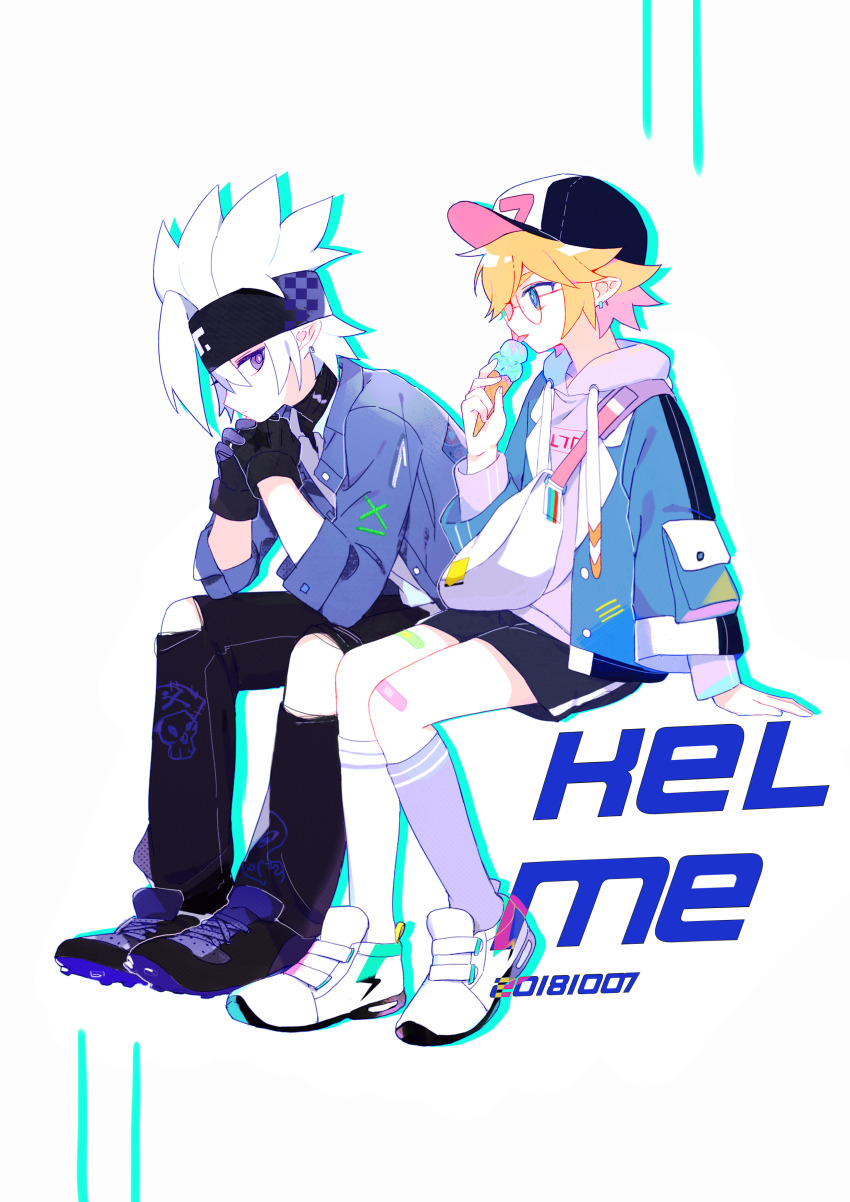 2boys absurdres alternate_costume aotu_world bandaid baseball_cap black_gloves black_headband black_pants black_shoes black_shorts blonde_hair blue_eyes blue_jacket eating english_text food full_body gloves grey_(aotu_world) hat headband highres holding holding_food hood hood_down hoodie ice_cream ice_cream_cone jacket kelme king_(aotu_world) kneehighs long_sleeves male_focus multiple_boys open_clothes open_jacket pants pointy_ears popsicle purple_eyes shirt shoes short_hair shorts simple_background sitting sneakers socks spiked_hair white_background white_hair white_shoes yaoi