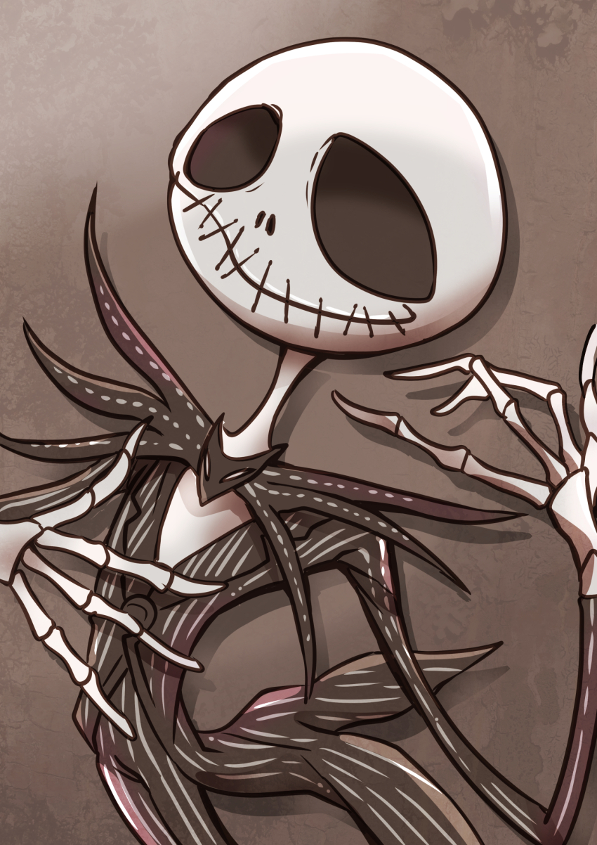 1boy formal_clothes graveyard highres jack_skellington jacket joh long_sleeves male_focus pinstripe_pattern pinstripe_suit skeleton smile solo striped_clothes striped_jacket striped_vest suit the_nightmare_before_christmas vest