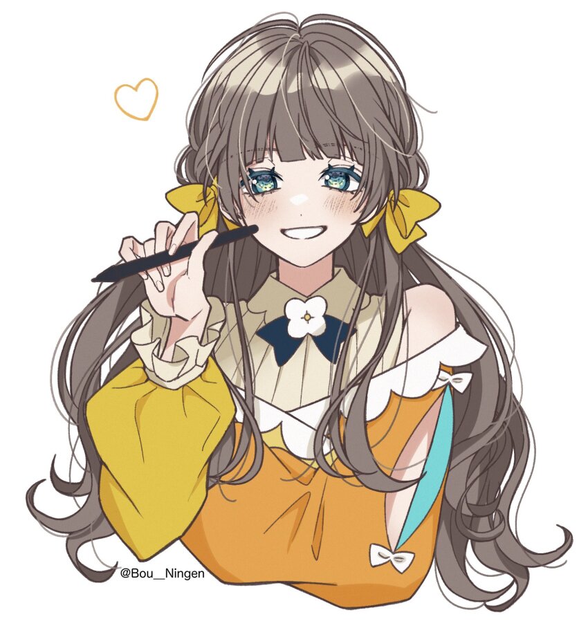 1girl aiceclass blue_eyes blush bousuke_(bou_ningen) bow brooch brown_hair flower_brooch hair_bow heart highres holding holding_pen long_hair long_sleeves off_shoulder open_mouth pen simple_background smile solo touka_(aiceclass) twitter_username virtual_youtuber white_background yellow_bow