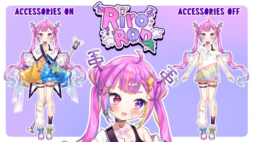 1girl ahoge ana_(rznuscrf) asymmetrical_footwear bandaged_arm bandages bandaid bandaid_hair_ornament black_socks blonde_hair blue_shoes character_name choker english_text full_body gradient_hair hair_ornament highres idol_corp jacket leg_tattoo leg_warmers lightning_bolt lightning_bolt_hair_ornament lightning_bolt_symbol logo microphone mismatched_footwear multicolored_hair multicolored_jacket official_art outline pill_hair_ornament pink_eyes pink_hair print_shirt purple_eyes purple_hair reference_sheet riro_ron shirt shoes single_leg_warmer socks solo standing star_(symbol) star_hair_ornament star_in_eye star_print streaked_hair symbol_in_eye tattoo third-party_source virtual_youtuber white_leg_warmers white_outline white_shirt wings yellow_shoes