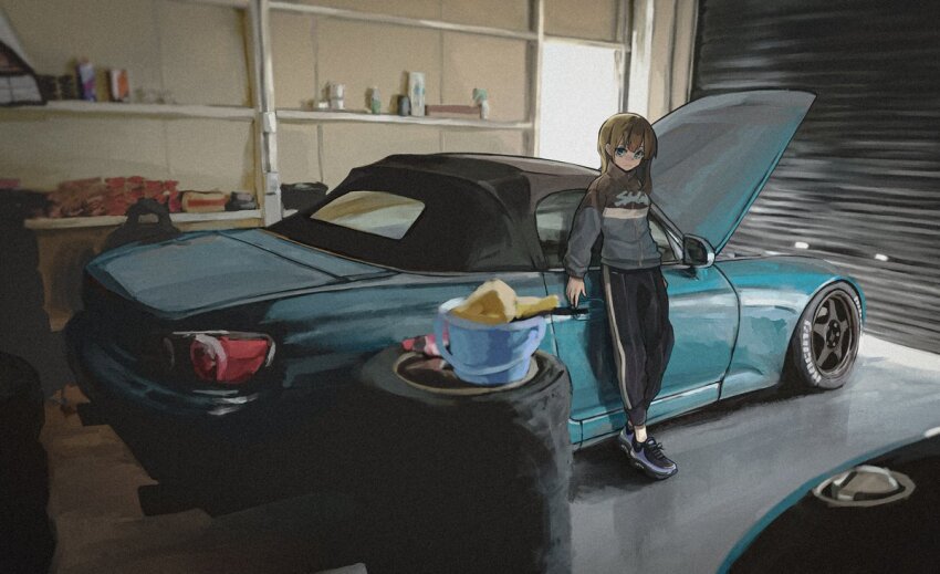 1girl black_pants bokuya brown_hair bucket car full_body garage green_eyes honda honda_s2000 indoors jacket looking_at_viewer medium_hair motor_vehicle original pants solo sports_car standing track_jacket vehicle_focus