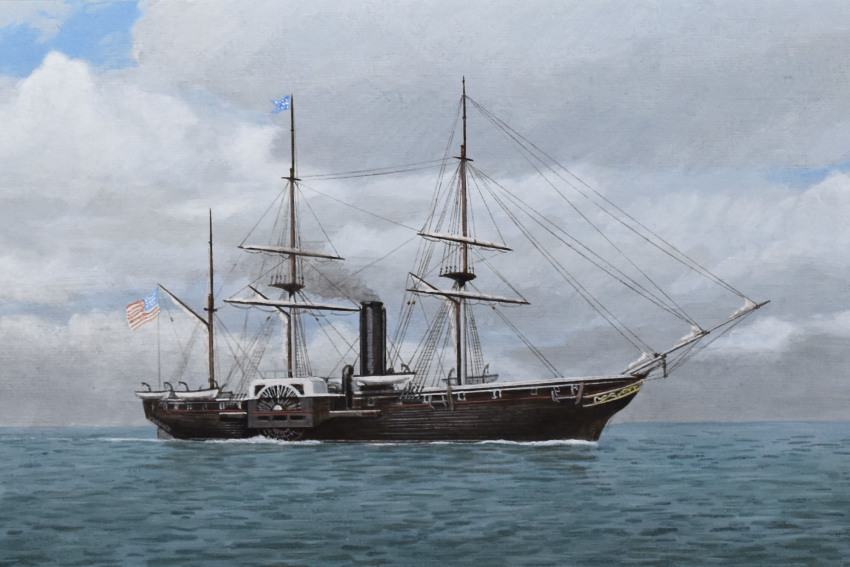 acrylic_paint_(medium) american_flag atelier_bono cloud cloudy_sky frigate highres mast military_vehicle no_humans original paddle_wheel painting_(medium) ship sky smoke smokestack traditional_media united_states_navy uss_powhattan_(1850) vehicle_focus warship watercraft