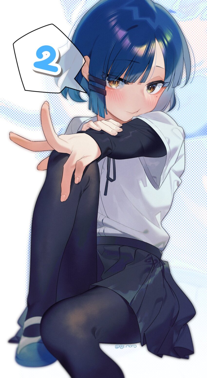 1girl asymmetrical_hair black_pantyhose black_ribbon black_skirt blue_hair bocchi_the_rock! dithered_background feet_out_of_frame fingernails hair_ornament hairclip hand_on_own_knee highres knee_up layered_sleeves leg_up long_sleeves looking_at_viewer mole mole_under_eye pantyhose pleated_skirt ribbon shirt shoes short_hair short_over_long_sleeves short_sleeves sideways_glance simple_background sitting skirt sofa_(enogunomu) speech_bubble spoken_number twitter_username uwabaki v white_shirt yamada_ryo yellow_eyes
