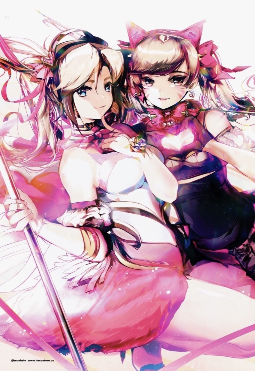 2girls animal_ears artist_name black_cat_d.va black_dress blonde_hair blue_eyes bow bowtie breasts cat_ears choker d.va_(overwatch) dress earrings facial_mark fake_animal_ears flower gloves heart heart_earrings heart_hands heart_headband heco_heio high_heels highres jewelry mercy_(overwatch) multiple_girls overwatch overwatch_1 pink_mercy rose staff_(weapon) twintails