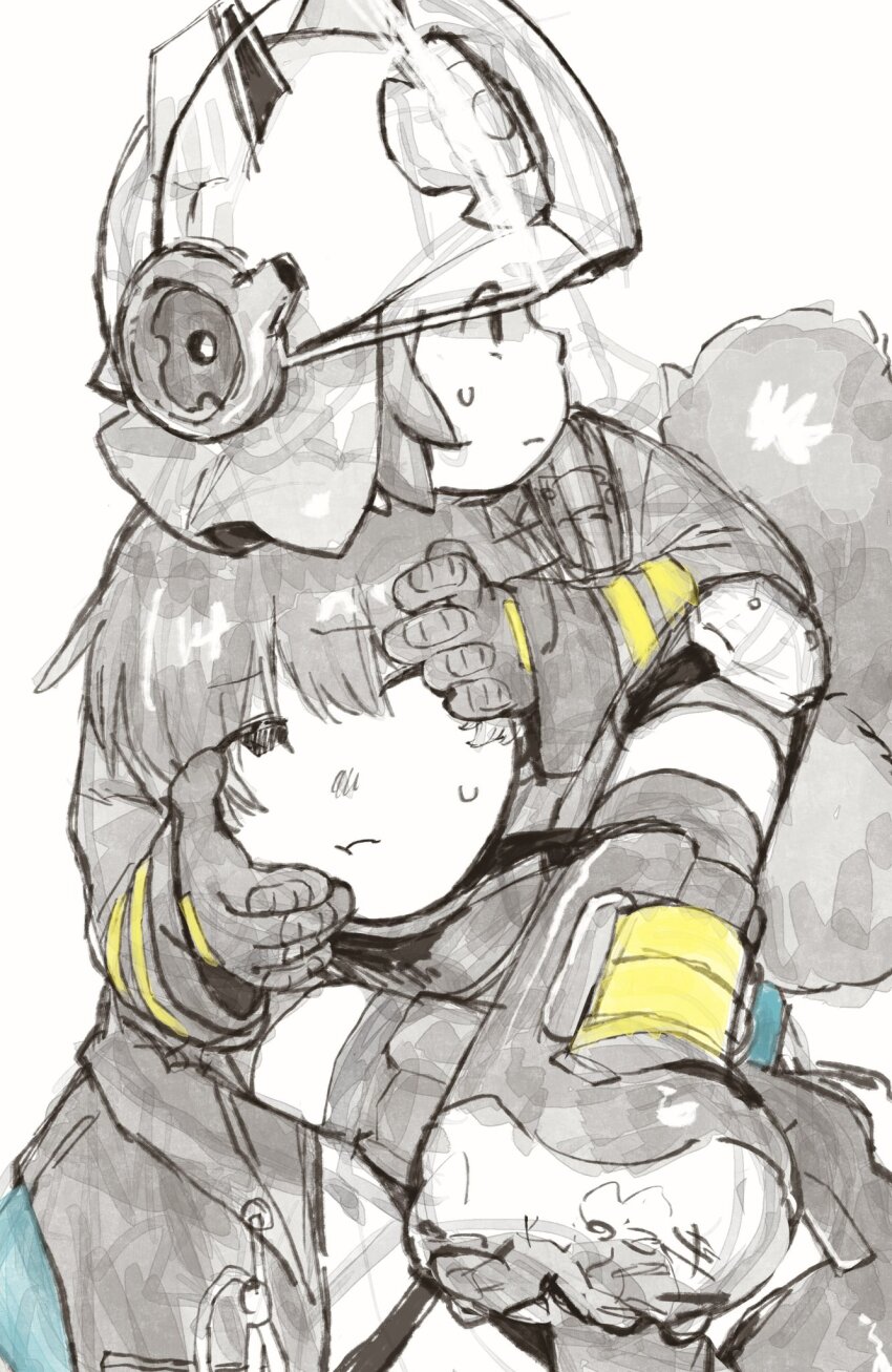 1boy 1girl animal_ear_headwear arknights boots buffalo_iinkai carrying coat doctor_(arknights) face_shield fake_animal_ears firefighter_jacket frown furrowed_brow gloves greyscale hands_on_another&#039;s_face helmet highres jacket knee_pads kneehighs long_sleeves looking_at_another looking_to_the_side looking_up male_doctor_(arknights) monochrome nervous one_eye_closed shaw_(arknights) short_hair shoulder_carry simple_background small_sweatdrop socks spot_color squirrel_girl squirrel_tail tail upper_body visor_lift wide-eyed