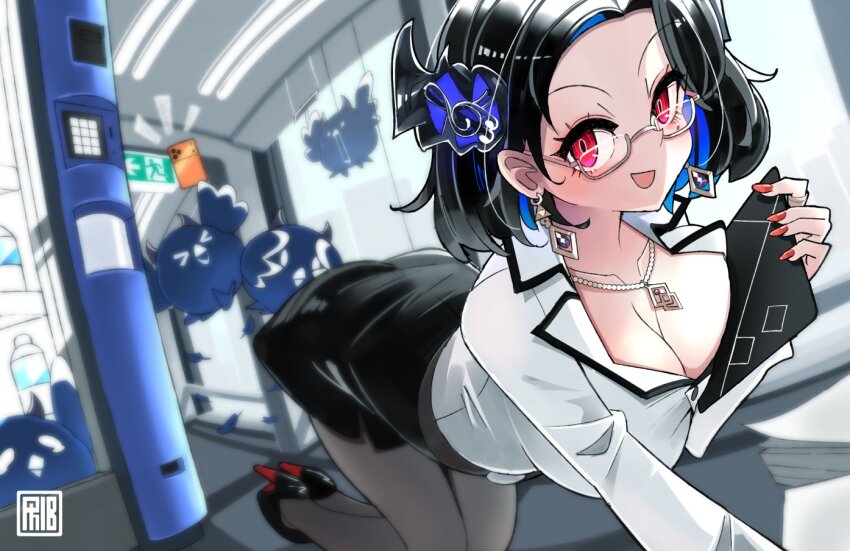 1girl asymmetrical_horns black_hair black_horns black_skirt blue_hair breasts cleavage colored_inner_hair demon_horns dress_suit flower hair_ornament hololive hololive_english horn_flower horns jailbird_(nerissa_ravencroft) jewelry large_breasts leather leather_skirt looking_at_viewer mole mole_under_eye multicolored_hair nerissa_ravencroft nerissa_ravencroft_(casual) office office_lady official_alternate_costume official_alternate_hair_length official_alternate_hairstyle pantyhose pencil_skirt phibonnachee red_eyes shirt skirt smile solo tassel tassel_hair_ornament two-tone_hair uneven_horns virtual_youtuber white_shirt