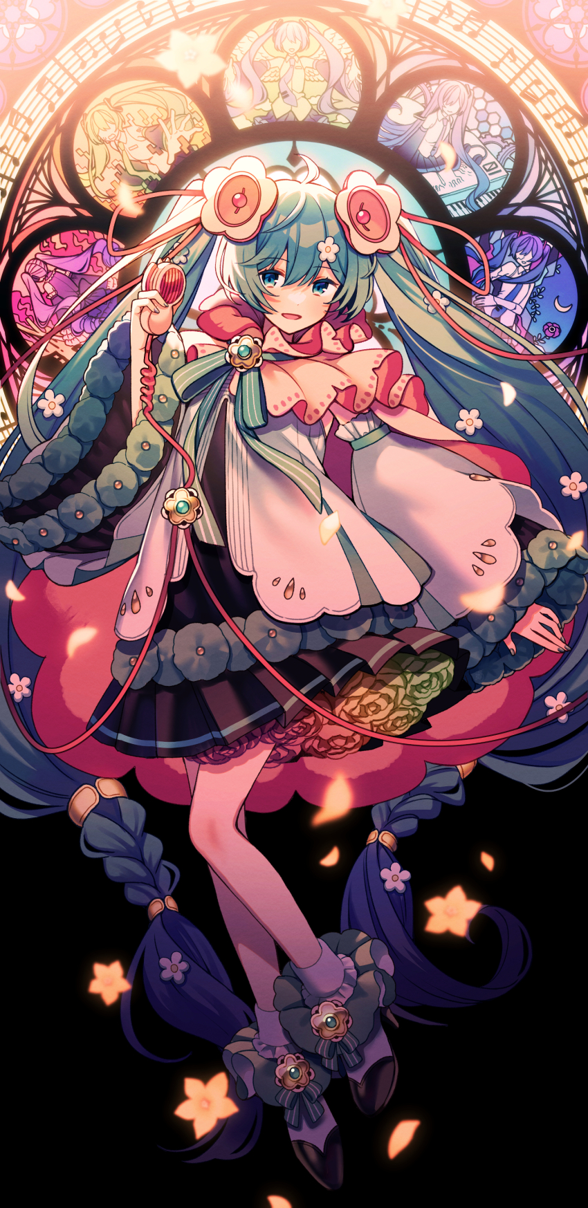 1girl absurdres amagi_hana angel_wings aqua_nails aqua_ribbon arm_at_side back_bow backlighting beamed_eighth_notes black_bow black_dress black_shoes blue_eyes blue_hair blurry bobby_socks bow brooch cable capelet cloud cloudy_sky colorful crack cracked_skin crescent_moon curly_hair daffodil darkness depth_of_field detached_sleeves dissolving dot_nose dress dress_flower eighth_note feathered_wings feathers fingernails flower flower_brooch frilled_sleeves frills from_behind front_slit gears glitch glowing glowing_flower green_flower green_hair green_rose hair_between_eyes hair_flower hair_ornament hand_up hatsune_miku hatsune_miku_no_gekishou_(vocaloid) hatsune_miku_no_shoushitsu_(vocaloid) headphones high_heels highres holding holding_microphone instrument jewelry knees_together_feet_apart layered_dress layered_sleeves light light_smile long_hair low-tied_long_hair low_twintails magical_mirai_(vocaloid) magical_mirai_miku magical_mirai_miku_(2021) microphone moon musical_note musical_staff nail_polish neck_ribbon nervous night night_sky no_eyes outstretched_arms outstretched_hand parted_lips petals piano pink_capelet pleated_dress pumps purple_flower purple_hair purple_rose red_flower red_rose ribbon rose shoes short_dress sidelocks sideways_glance single_vertical_stripe sky sleeveless sleeveless_dress socks solo song_request speaker spread_arms stained_glass striped_ribbon sweatdrop twintails vocaloid wavy_mouth white_flower white_sleeves white_socks white_wings wide_sleeves wings yellow_flower yellow_rose