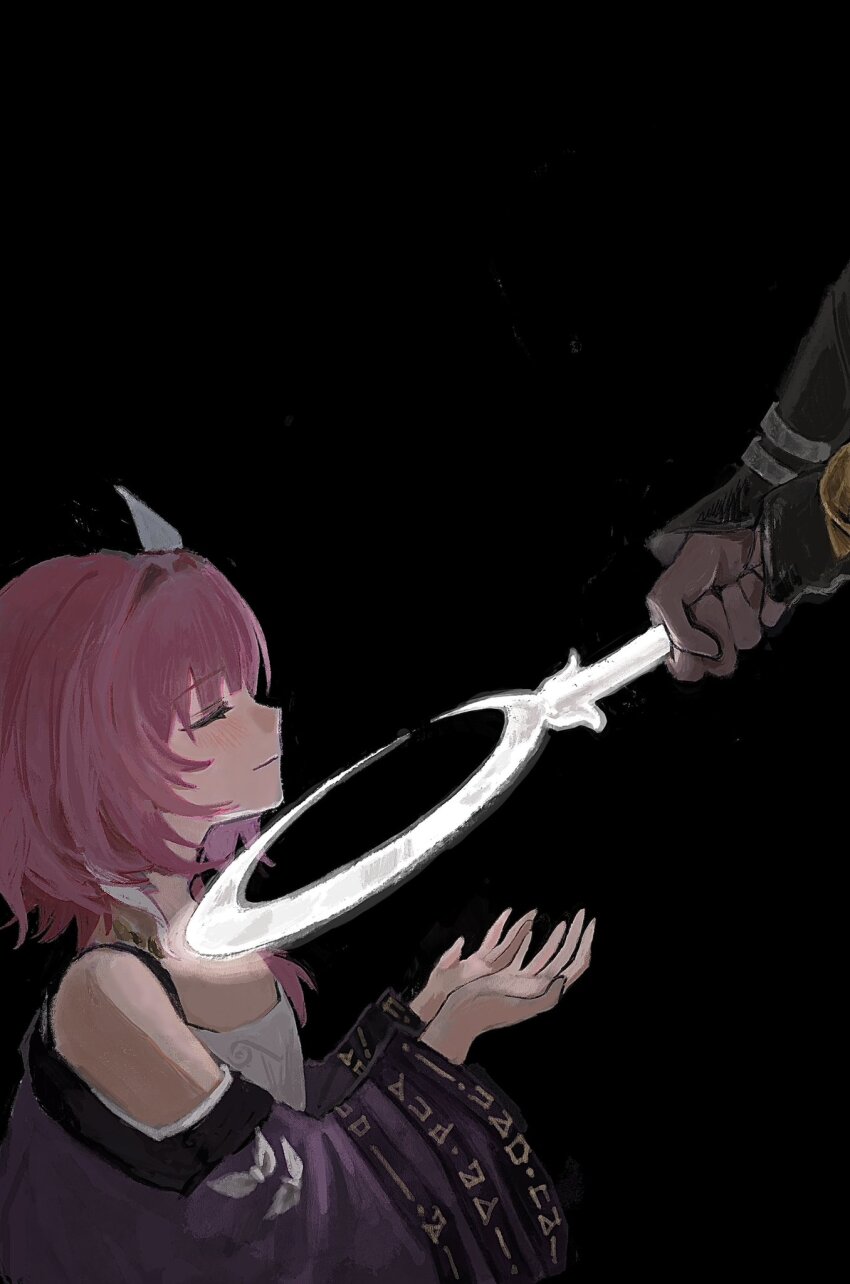 1boy 1girl black_background breasts ceremonial_blade_(honkai:_star_rail) closed_eyes closed_mouth coat commentary cyrene_(honkai:_star_rail) dress flame_reaver_of_the_deepest_dark hair_ornament highres holding holding_staff honkai:_star_rail honkai_(series) medium_hair multicolored_hair pink_hair purple_coat simple_background small_breasts staff tori_nos two-tone_hair white_dress white_hair