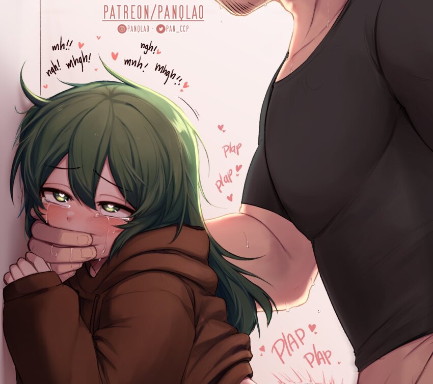 1boy 1girl against_wall black_shirt blush crying crying_with_eyes_open deep_penetration english_text facial_hair fucked_silly goatee green_eyes green_hair heart heart-shaped_pupils hetero highres hood hoodie igarashi_futaba implied_sex mature_male medium_hair muscular muscular_male panqlao petite plap rolling_eyes rough_sex senpai_ga_uzai_kouhai_no_hanashi sex sex_from_behind shirt stubble symbol-shaped_pupils takeda_harumi tears
