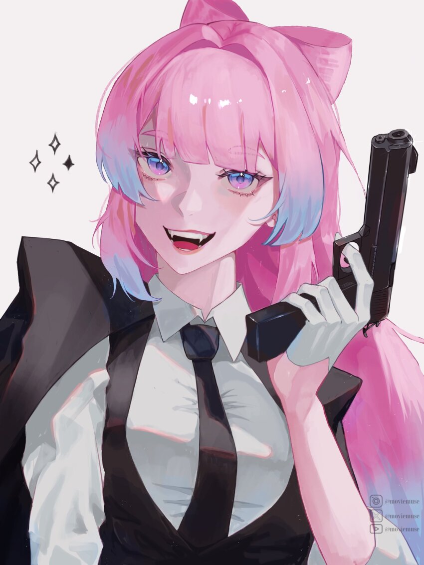 1girl artist_name black_jacket black_necktie black_vest blue_eyes blue_hair bow-shaped_hair collared_shirt colored_tips commentary fangs genshin_impact gloves gun half_gloves highres holding holding_gun holding_weapon instagram_logo jacket jacket_on_shoulders moyiemuse multicolored_hair necktie open_mouth pink_hair sangonomiya_kokomi shirt smile solo sparkle symbol-only_commentary twitter_x_logo two-tone_hair vest weapon white_gloves white_shirt youtube_logo