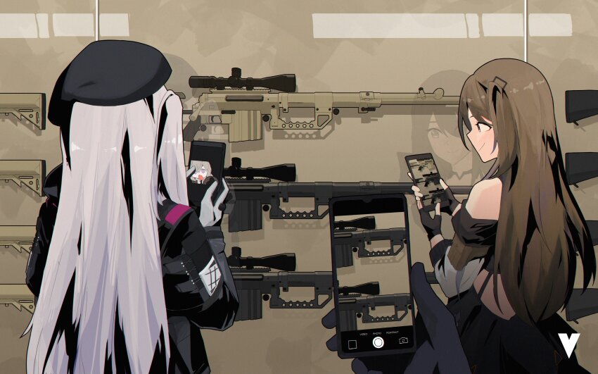 2girls absurdres beret black_gloves bolt_action brown_hair cellphone cheytac_m200 display display_board english_text fingerless_gloves girls&#039;_frontline gloves grey_hair gun hat highres holding holding_phone k2_(girls&#039;_frontline) long_hair m200_(girls&#039;_frontline) mdr_(girls&#039;_frontline) multiple_girls one_side_up phone pov pov_hands reflection rifle smartphone sniper_rifle two-tone_gloves upper_body variasii weapon white_gloves