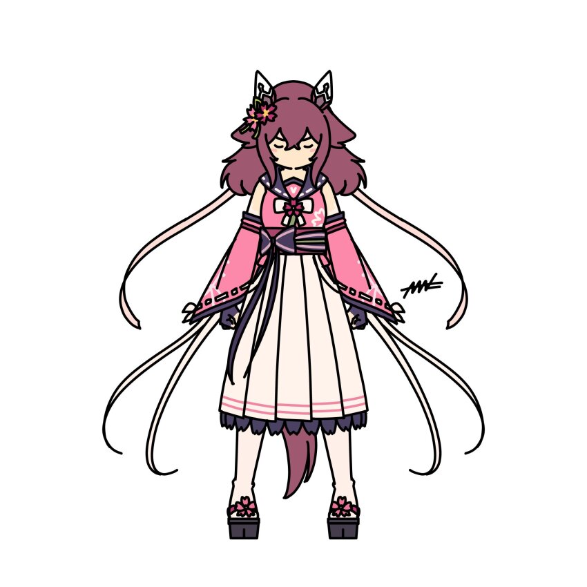 1girl animal_ears arms_at_sides bow bowtie brown_hair clenched_hands closed_eyes detached_sleeves facing_viewer flower full_body hair_flower hair_ornament highres horse_ears horse_girl horse_tail kashinoki_(koaaski) legs_apart long_hair no_mouth pink_shirt pleated_skirt ribbon ribbon-trimmed_sleeves ribbon_trim sakura_chiyono_o_(umamusume) sandals sash shirt signature simple_background skirt sleeveless sleeveless_shirt socks solo standing tail umamusume white_background white_skirt white_socks