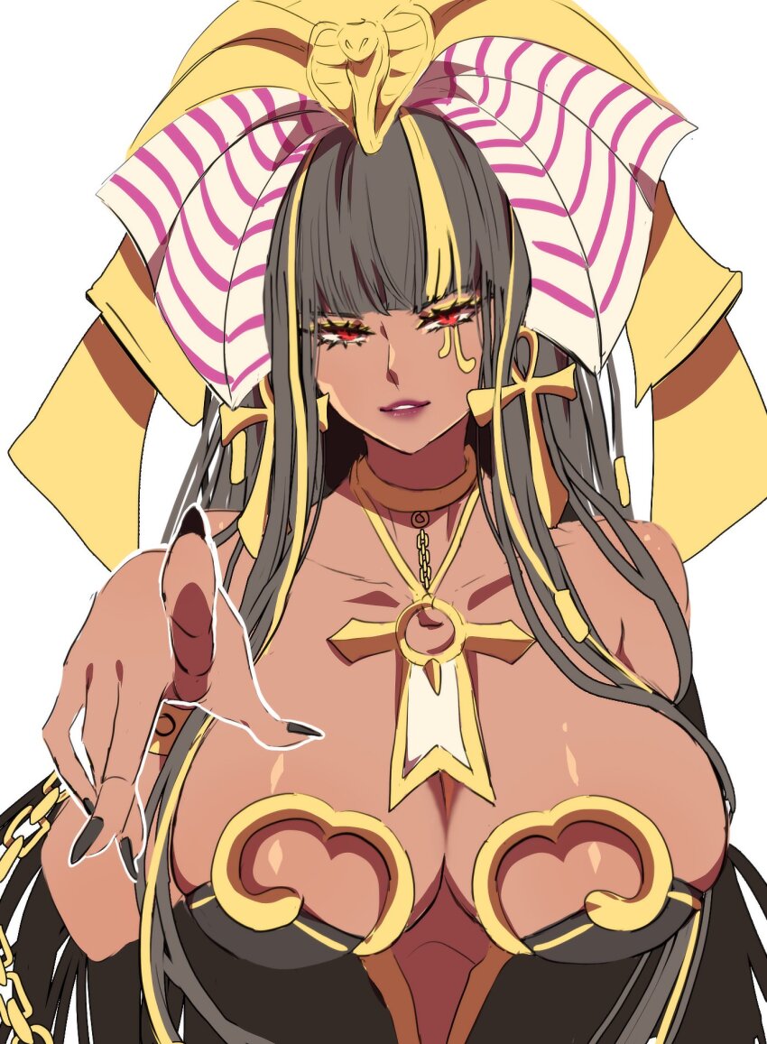 1girl ancient_egyptian_clothes black_hair blonde_hair breasts cleavage collarbone colored_bangs dark-skinned_female dark_skin dress duel_monster exodia_the_forbidden_one eye_of_horus genderswap genderswap_(mtf) highres large_breasts long_hair looking_at_viewer multicolored_hair pointing pointing_at_viewer red_eyes yu-gi-oh! zackpyo