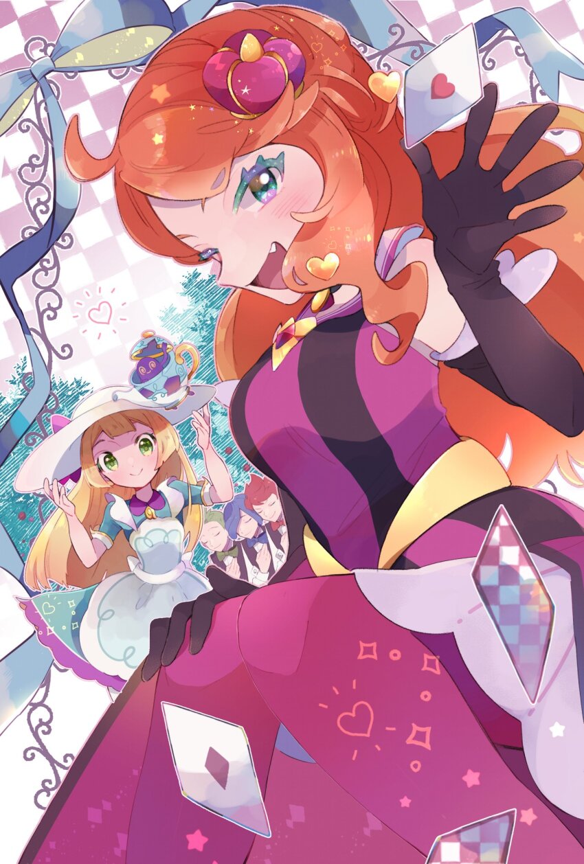 2girls 3boys aqua_eyes bare_shoulders black_vest blonde_hair blue_hair bow bowtie breasts chili_(pokemon) cilan_(pokemon) cress_(pokemon) crown dress elbow_gloves gen_8_pokemon ghost gloves green_bow green_bowtie green_dress green_eyes green_hair hair_down hat highres lillie_(pokemon) lillie_(special_costume)_(pokemon) long_hair medium_breasts mini_crown misha_(ohds101) multiple_boys multiple_girls nintendo official_alternate_costume one_eye_closed orange_hair pantyhose pendant_choker pokemon pokemon_(creature) pokemon_bw pokemon_masters_ex polteageist purple_pantyhose red_hair short_sleeves sonia_(pokemon) sonia_(special_costume)_(pokemon) strapless strapless_dress striped_clothes striped_dress sun_hat swept_bangs teapot traditional_bowtie triplets vest waiter