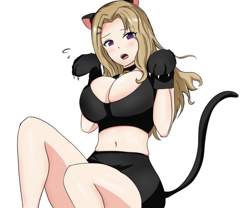 1girl animal_ears animal_hands assault_lily bell black_choker black_gloves black_shirt black_skirt blush breasts cat_ears cat_paws cat_tail choker commentary_request crop_top fake_animal_ears fake_tail feet_out_of_frame flying_sweatdrops gloves hair_ornament hairclip hands_up highres knees_up large_breasts light_brown_hair long_hair looking_at_viewer midriff miniskirt navel neck_bell nukenin_(maato) open_mouth parted_bangs paw_gloves paw_pose purple_eyes raised_eyebrows shirt simple_background sitting skirt sleeveless sleeveless_shirt solo tail takashima_yakumo teeth upper_teeth_only white_background