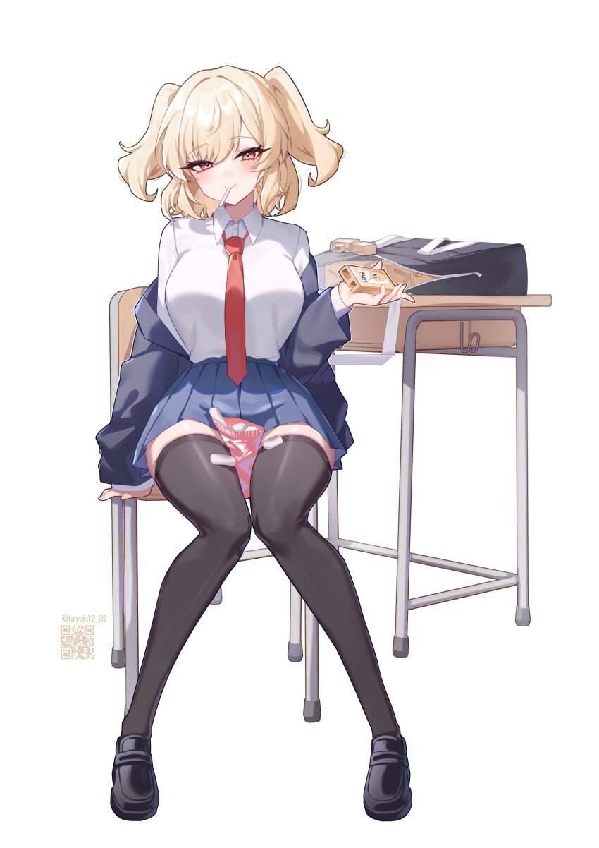 1girl :t absurdres alternate_costume between_thighs black_shoes black_thighhighs blonde_hair blue_jacket blue_skirt blush breasts burnice_white chair closed_mouth collared_shirt commentary_request desk hair_between_eyes highres holding jacket large_breasts long_hair looking_at_viewer necktie off_shoulder pleated_skirt red_eyes red_necktie school_desk shirt shoes simple_background sitting skirt solo taiyaki12 thighhighs twitter_username two_side_up white_background white_shirt zenless_zone_zero