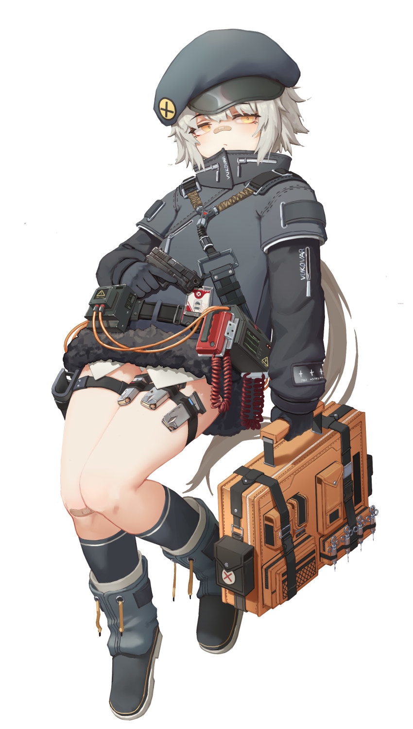1girl absurdres bandaid bandaid_on_face bandaid_on_knee bandaid_on_leg bandaid_on_nose beret briefcase defibrillator girls&#039;_frontline greentree gun handgun hat highres holding holding_briefcase holding_gun holding_weapon holster hs2000 hs2000_(girls&#039;_frontline) magazine_(weapon) orange_eyes panties panty_peek pisuke short_hair simple_background solo thigh_holster thigh_strap trigger_discipline underwear weapon white_background white_panties