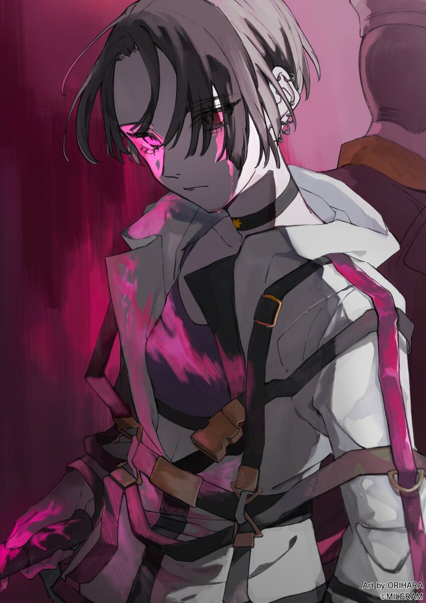 1girl absurdres asymmetrical_bangs black_hair blood blood_splatter choker commentary_request dual_persona ear_piercing earrings guest_art hair_over_one_eye highres holding holding_knife jacket jewelry knife long_sleeves midriff_peek milgram open_clothes open_jacket orihara_(ewkkyorhr) parted_bangs piercing pink_blood pink_eyes purple_sports_bra restraints short_hair solo_focus sports_bra straitjacket upper_body very_short_hair yuzuriha_kotoko