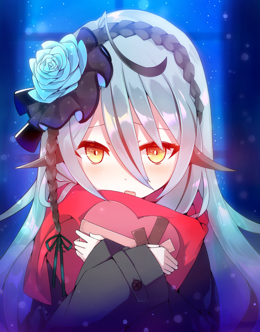 1girl :o ahoge aqua_hair bad_id bad_pixiv_id blue_flower blush box commentary crossed_arms flower hair_between_eyes heart-shaped_box highres long_hair looking_at_viewer nijisanji nijisanji_kr open_mouth orange_eyes popoko_(pokopokosuisei) ryu_hari solo virtual_youtuber