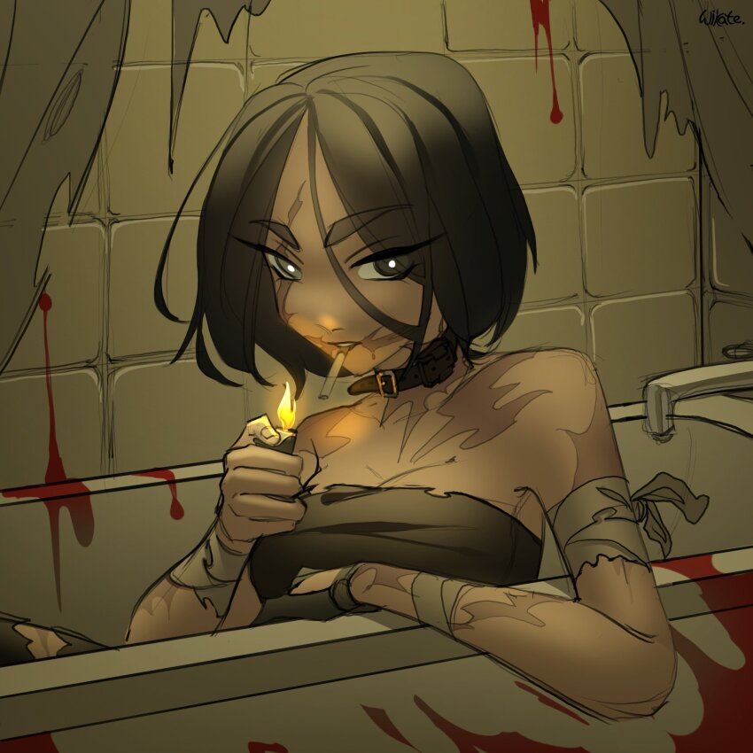 1girl bandaged_wrist bandages bathroom belt belt_buckle belt_collar black_belt black_eyes black_hair black_pants black_tube_top blood blood_drip blood_splatter breasts bright_pupils buckle burn_scar cleavage collar collarbone commission curtains eyelashes eyes_visible_through_hair facial_scar faucet fingernails fire grey_eyes hair_between_eyes heterochromia highres holding holding_lighter in_bathtub indoors large_breasts lighter long_hair_between_eyes original pants parted_lips scar scar_across_eye scar_on_arm scar_on_cheek scar_on_face short_hair sitting smile smoking solo strapless teeth torn_clothes torn_pants torn_tube_top tube_top upper_body white_pupils wikate