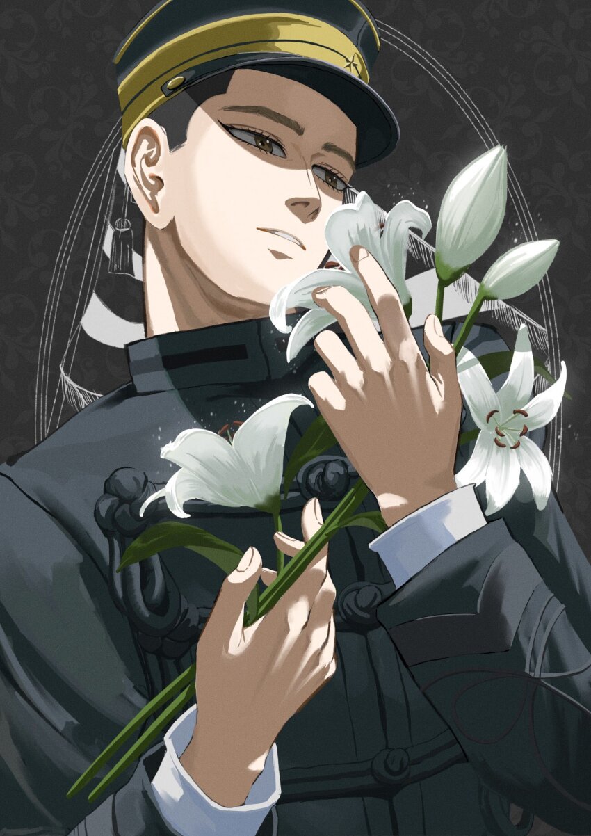 1boy black_hair fabulous flower from_below golden_kamuy hanazawa_yusaku hat head_tilt highres holding holding_flower imperial_japanese_army kepi lily_(flower) long_sleeves male_focus military_hat military_uniform murata_miku parted_lips short_hair smelling smelling_flower solo upper_body white_flower