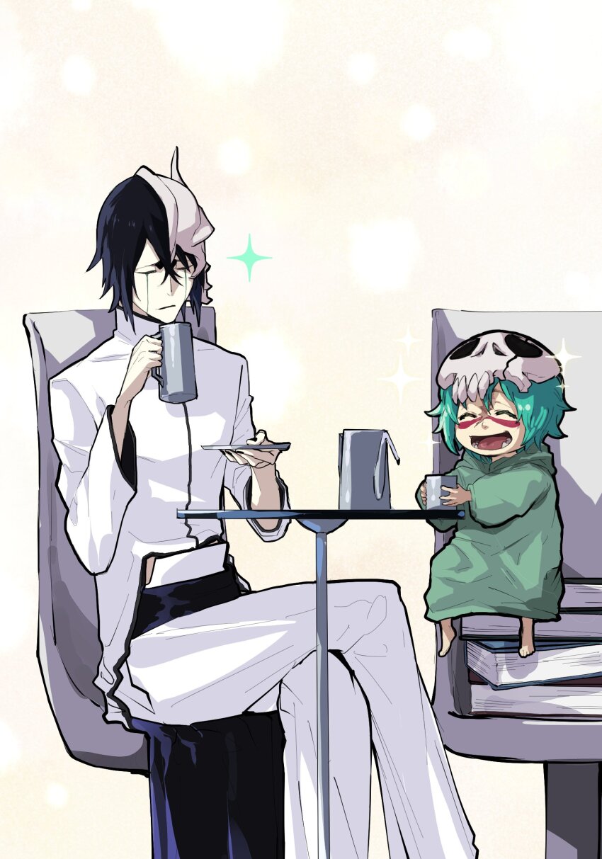 1boy 1girl arrancar black_hair black_nails bleach book book_stack broken_helmet chair child closed_eyes cup facial_mark hair_between_eyes hair_ornament highres hishui_prpr holding holding_cup lower_teeth_only nelliel_tu_odelschwanck open_mouth pale_skin scar scar_on_face simple_background sitting sitting_on_books skull_hair_ornament smock sparkle table teeth ulquiorra_cifer