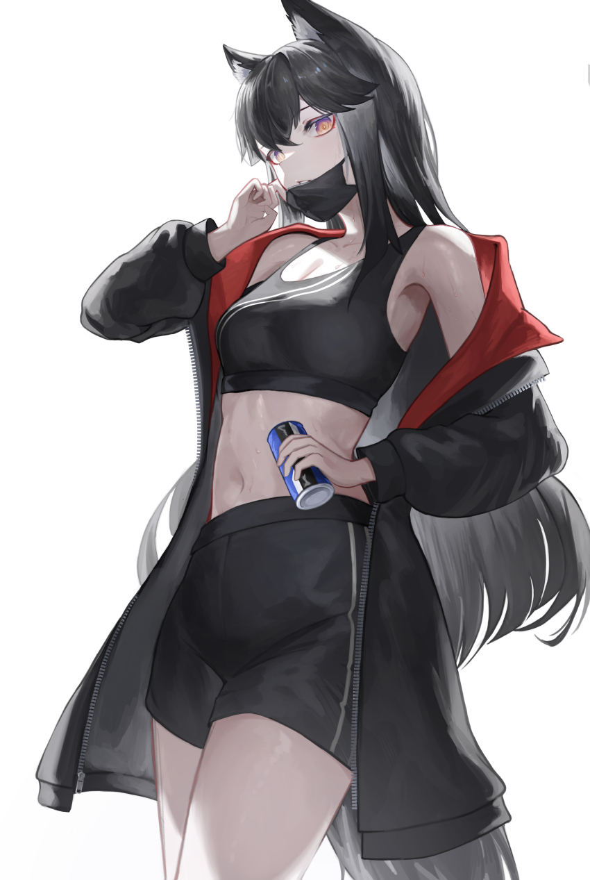 1girl absurdres animal_ear_fluff animal_ears arknights bare_shoulders black_coat black_hair black_shorts black_sports_bra black_tail breasts can cleavage coat collarbone cowboy_shot crop_top drink drink_can hair_between_eyes highres holding holding_can holding_drink kojy_2524 long_hair long_sleeves looking_at_viewer mask mask_pull medium_breasts midriff mouth_mask navel off_shoulder open_clothes open_coat parted_lips short_shorts shorts simple_background sleeveless solo sports_bra standing sweat tail texas_(arknights) unzipped white_background wolf_ears wolf_girl wolf_tail yellow_eyes zipper zipper_pull_tab