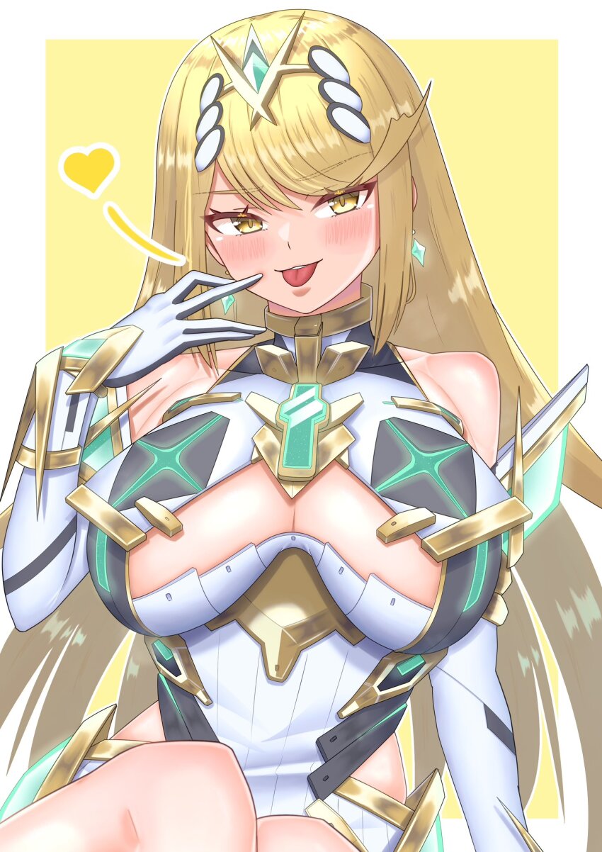 1girl blonde_hair blush border breasts chest_jewel cleavage core_crystal_(xenoblade) cowboy_shot dress earrings heart highres jewelry large_breasts long_hair meipasuye mythra_(xenoblade) simple_background sitting solo tiara tongue tongue_out very_long_hair white_border white_dress xenoblade_chronicles_(series) xenoblade_chronicles_2 yellow_background yellow_eyes