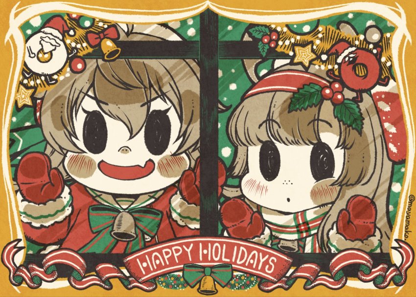 2girls :o alternate_costume bell blush_stickers chibi christmas dress fang freckles fur_trim hair_between_eyes hairband happy_holidays holly imatomo_mahya kantai_collection long_hair long_sleeves matsuwa_(christmas)_(kancolle) matsuwa_(kancolle) mittens multiple_girls open_mouth red_dress red_mittens sado_(christmas)_(kancolle) sado_(kancolle) scarf skin_fang twitter_username window