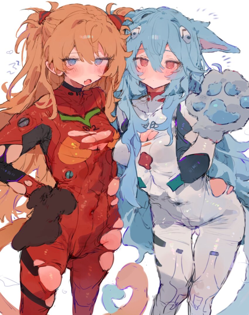 2girls animal_ears animal_hands ayanami_rei blue_eyes blue_hair blush bodysuit breasts bunchi cat_tail cleavage commentary highres long_hair mecha_pilot_suit medium_breasts multiple_girls neon_genesis_evangelion plugsuit_(evangelion) red_bodysuit souryuu_asuka_langley symbol-only_commentary tail torn_bodysuit torn_clothes white_background
