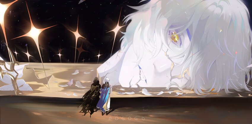1boy absurdres alternate_costume beach dual_persona flame_reaver_of_the_deepest_dark full_body hair_over_one_eye highres honkai:_star_rail honkai_(series) looking_at_viewer male_focus neon_genesis_evangelion night night_sky outdoors parody parted_lips phainon_(honkai:_star_rail) pogogu short_hair sky sparkle star_(sky) the_end_of_evangelion water white_hair yellow_eyes