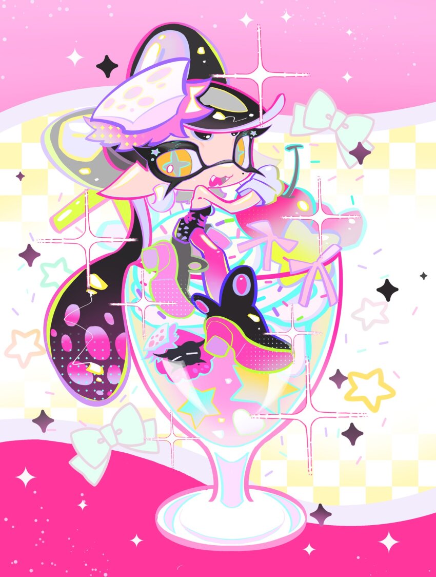 1girl ankle_boots black_boots black_hair black_jumpsuit boots bow-shaped_hair breasts callie_(splatoon) callie_(squid_sisters_outfit)_(splatoon) cherry chinese_commentary commentary_request cross-shaped_pupils earrings food fruit gloves grey_pupils highres hoop_earrings ice_cream in_container inkling jewelry jumpsuit long_hair long_pointy_ears looking_at_viewer mole mole_under_eye multicolored_hair nintendo orange_eyes pantyhose pink_hair pink_pantyhose pointy_ears short_jumpsuit solo splatoon_(series) sundae swept_bangs symbol-shaped_pupils tentacle_hair twintails two-tone_hair white_gloves xiaoyunatie