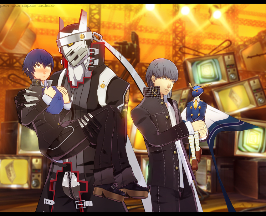 1boy 1girl absurdres blue_hair blush carrying couple hat highres izanagi_(persona_4) narukami_yu persona_paradise princess_carry school_uniform shirogane_naoto short_hair smile sukuna-hikona_(persona_4) television white_eyes white_hair yasogami_school_uniform