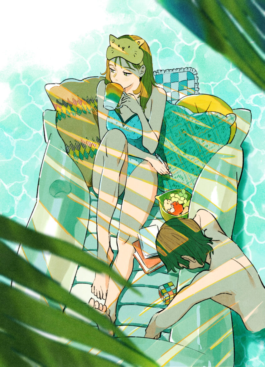 1boy 1girl absurdres bare_arms bare_legs bare_shoulders barefoot blue_one-piece_swimsuit book bowl brown_eyes brown_hair cat_mask caustics cup dappled_sunlight day drinking gomafuki highres holding holding_cup holding_pen inflatable_raft knee_up leaf looking_down looking_to_the_side mask medium_hair on_pillow one-piece_swimsuit original partially_submerged pen pillow pool reclining rubik&#039;s_cube short_hair sleep_mask sunlight swimsuit topless_male