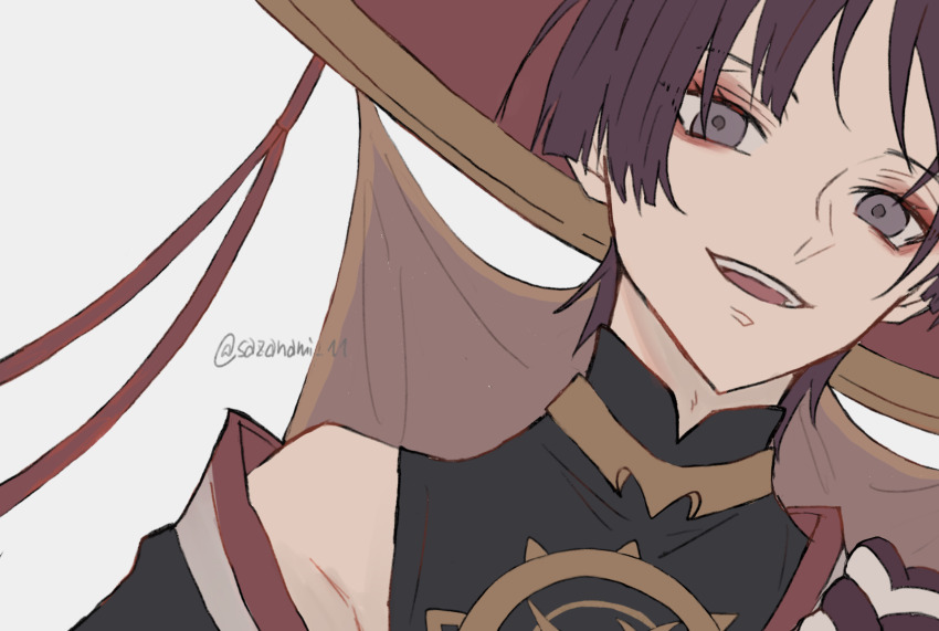 1boy armpit_crease black_bodysuit black_hair black_rope blunt_ends bodysuit eyelashes eyeshadow genshin_impact gold gold_trim grey_eyes grey_veil hat head_tilt highres jewelry jingasa makeup male_focus mandarin_collar neck_ring open_mouth portrait red_eyeshadow red_hat rope scaramouche_(genshin_impact) shimenawa shoulder_peek sketch solo teeth tsurime twitter_username upper_teeth_only veil waku-mika white_background white_rope