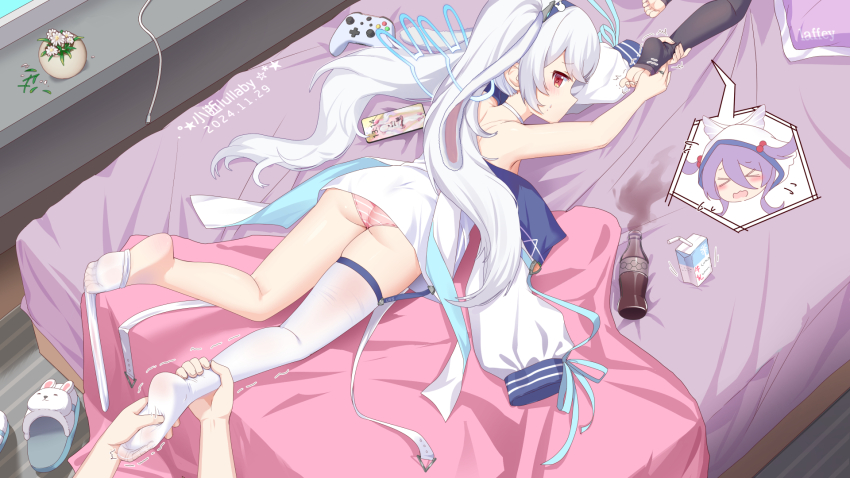 3girls ass azur_lane cellphone chinese_commentary cola commentary_request dress feet flasher_(azur_lane) from_above garter_straps grey_hair highres laffey_(azur_lane) laffey_ii_(azur_lane) looking_at_viewer lying milk_carton multiple_girls on_bed on_stomach panties phone pillow pink_panties plant potted_plant purple_hair red_eyes slippers smartphone soda_bottle soles solo_focus spill striped_clothes striped_panties sweatdrop thighhighs thighhighs_pull thighs tickling tickling_feet toeless_legwear toes trembling twintails underwear unworn_slippers white_dress white_thighhighs xbox_controller xiao_shi_lullaby